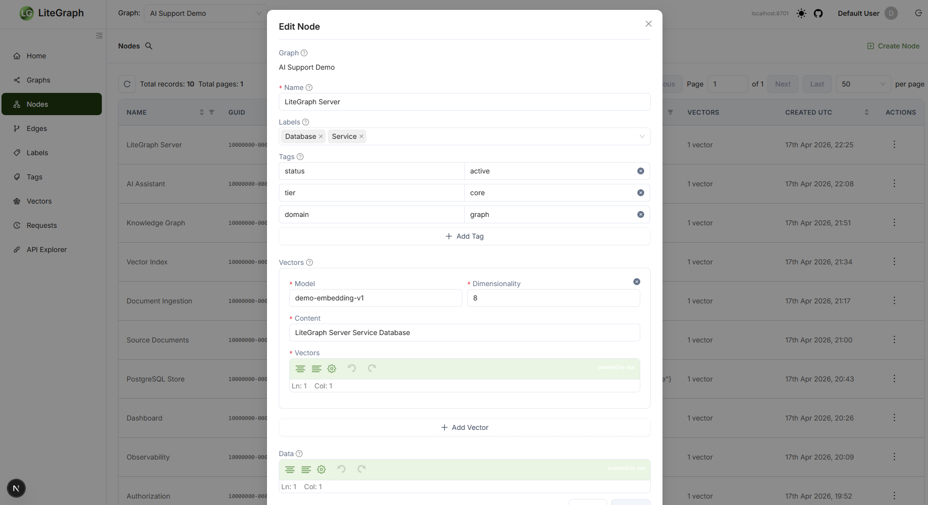 LiteGraph node editor with labels, tags, vector metadata, and data fields