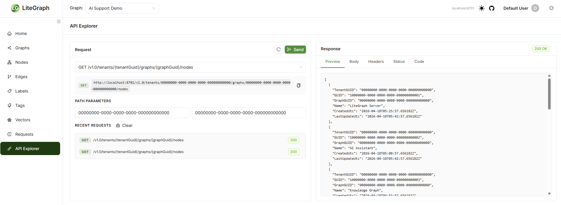 LiteGraph API Explorer with request parameters and JSON response preview